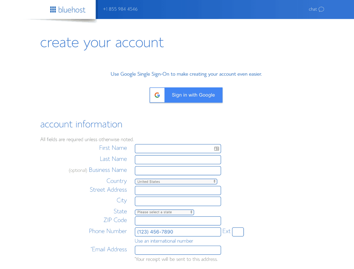 bluehost account creation