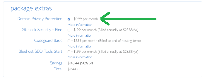 bluehost package extras