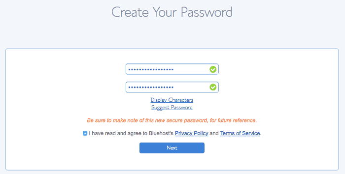 bluehost password creation