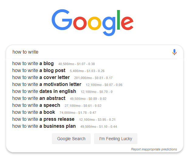 keyword suggestions in google