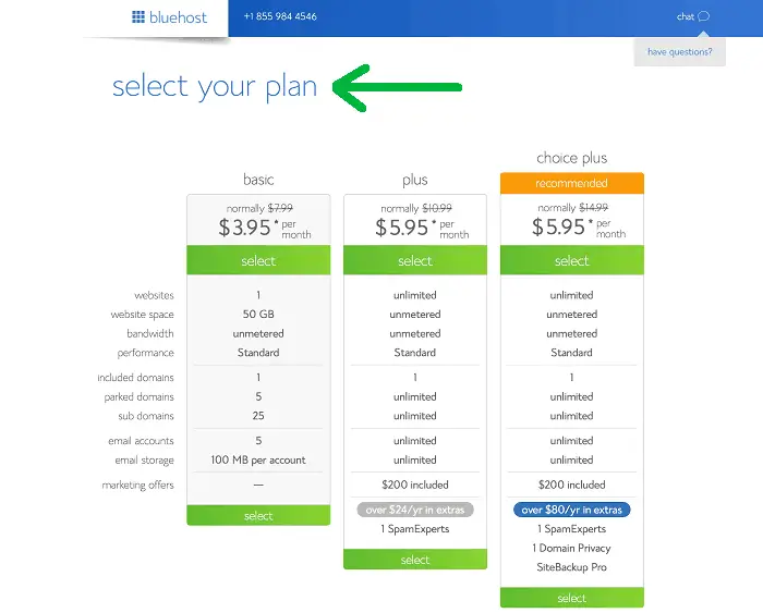 select hosting plan