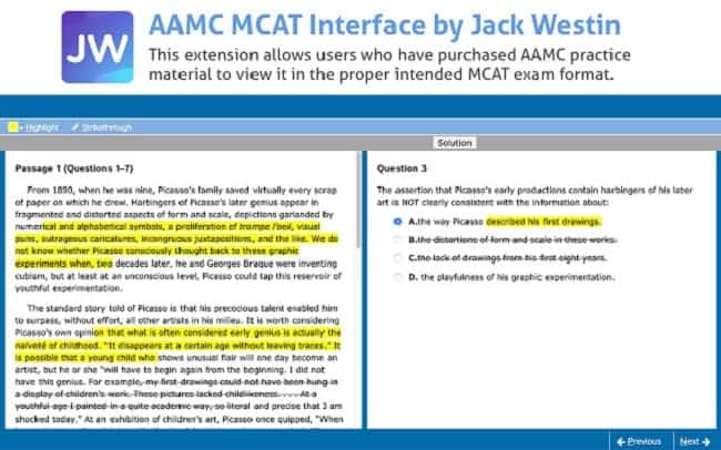 mcat interface with highlights