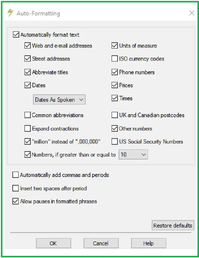 nuance dragon auto formatting options