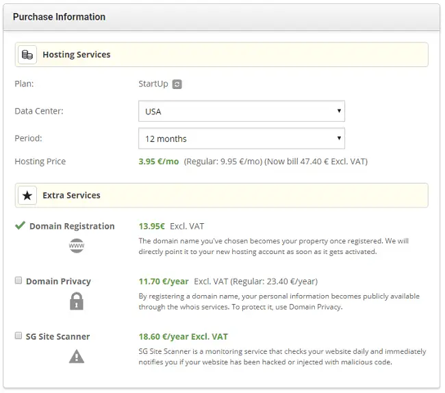 hosting purchase information