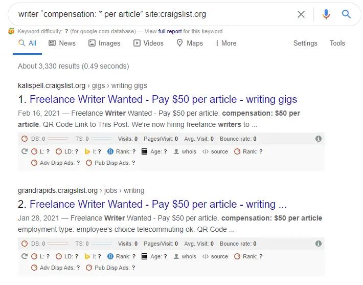 searching google for craigslist writing jobs