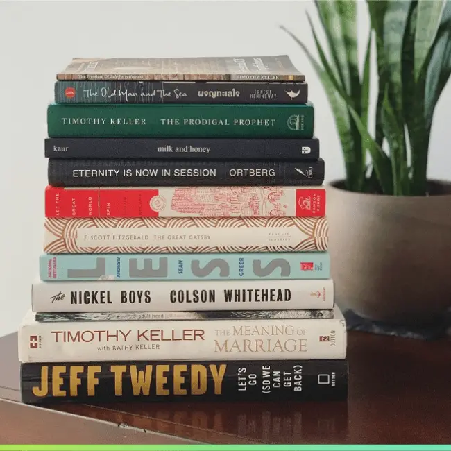 stack of books with beautiful book spines