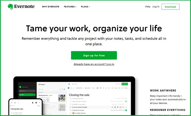 evernote landing page