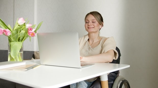 cheerful customer rep on a wheelchair