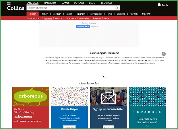 collins thesaurus landing page