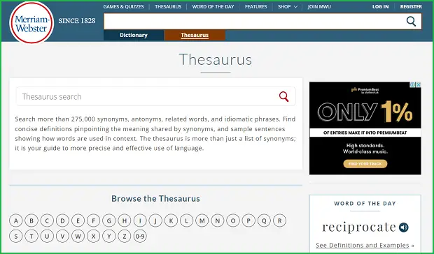 merriam-webster thesaurus landing page
