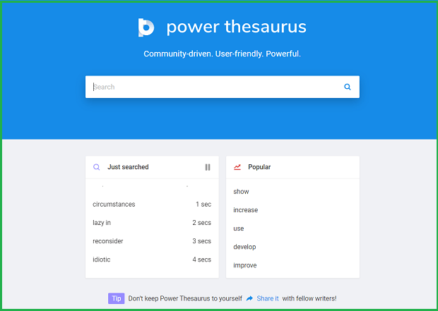 power thesaurus landing page