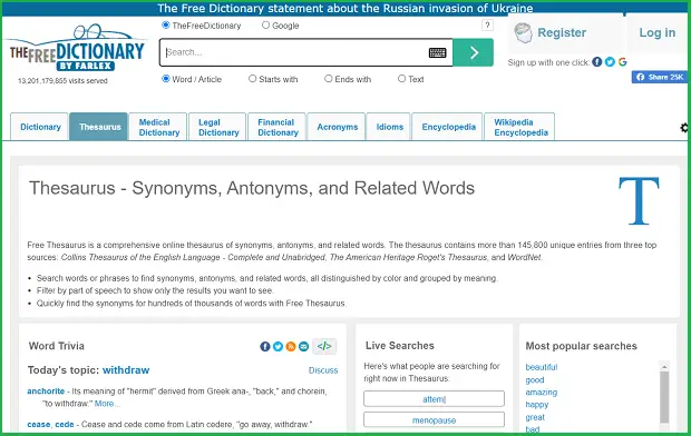 the free dictionary landing page