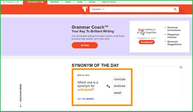 thesaurus.com landing page