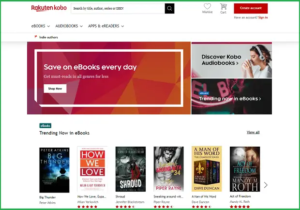 kobo bookstore landing page