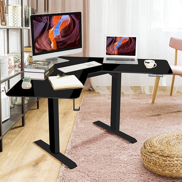 L-shaped height adjustable desk