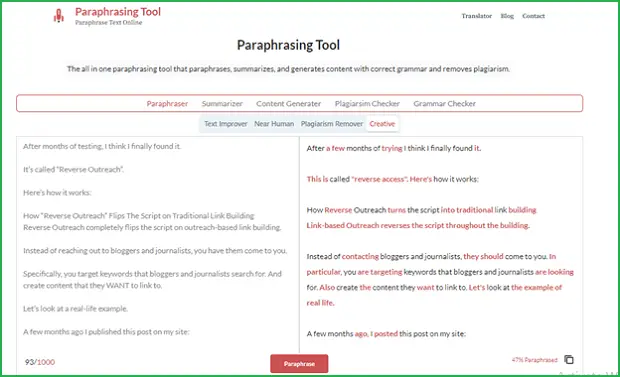 paraphrasingtool.ai screenshot