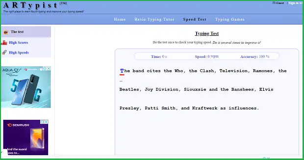 artypist typing test page - Writing Speed Test Websites