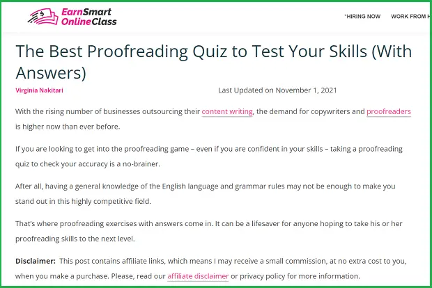 earn smart online class quiz page