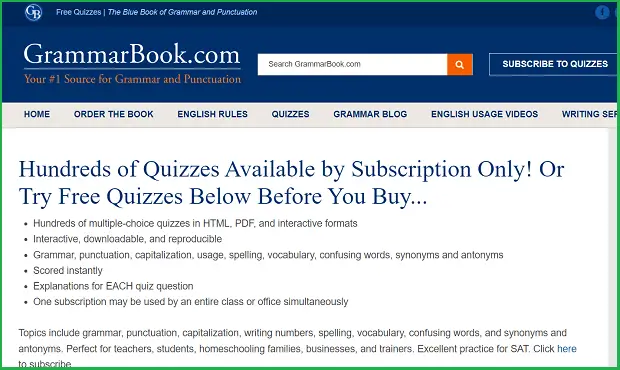 grammar book quiz page