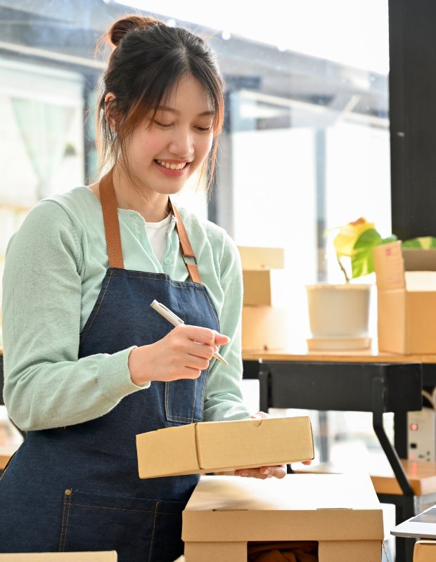 young female ecommerce entrepreneur packing orders