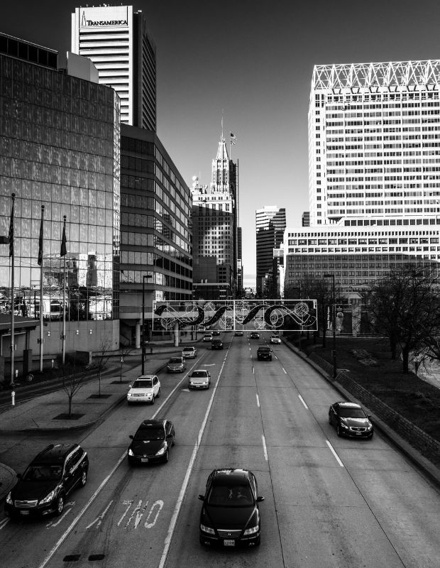 Black and white image of streets in Baltimore Maryland